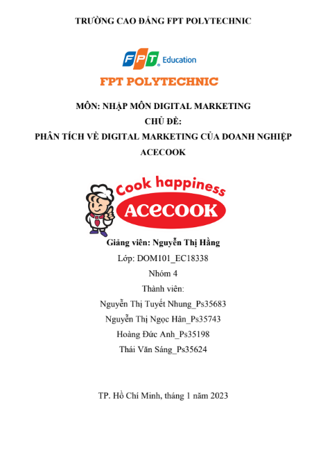 ASM PHÂN TÍCH VỀ DIGITAL MARKETING CỦA DOANH NGHIỆP ACECOOK - CD FPT