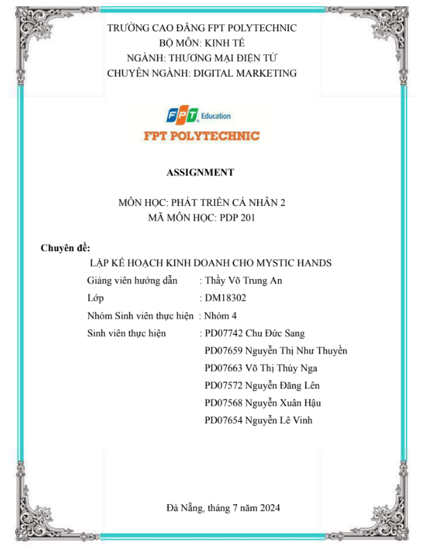 ASM PHÁT TRIỂN CÁ NHÂN 2 - CĐ FPT - LẬP KẾ HOẠCH KINH DOANH CHO MYSTIC HANDS