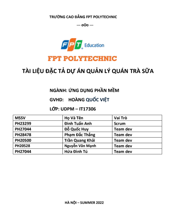 ASM Ứng dụng Phần mềm - CĐ FPT - Tài liệu Đặc tả Dự án Quản lý Quán Trà Sữa
