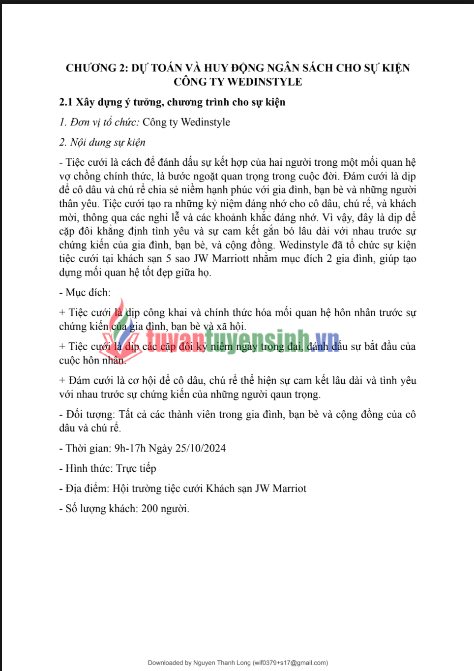 ASSIGMENT MÔN QUẢN TRỊ SỰ KIỆN - TÌM HIỂU VỀ CÔNG TY WEDINSTYLE TỔ CHỨC SỰ KIỆN - Cao đẳng FPT