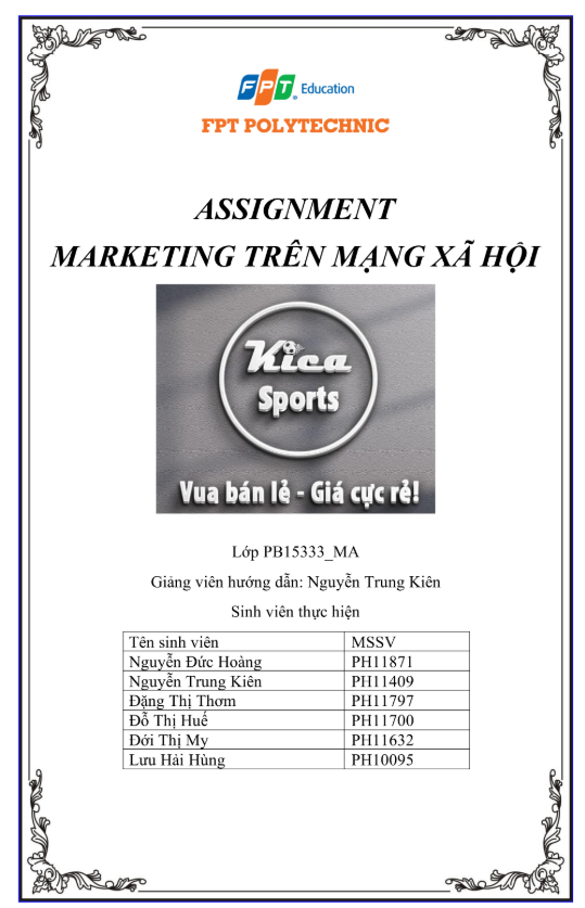 ASSIGNMENT MARKETING TRÊN MẠNG XÃ HỘI - Cao đẳng FPT - Thương hiệu Kica Sports