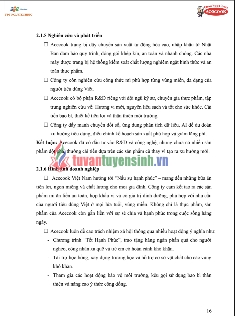 ASSIGNMENT Marketing Căn bản MAR1021 - Nghiên cứu Hoạt động Marketing Hỗn hợp của Công ty Acecook Việt Nam - CĐ FPT