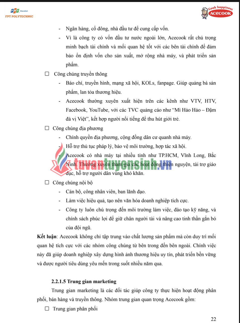 ASSIGNMENT Marketing Căn bản MAR1021 - Nghiên cứu Hoạt động Marketing Hỗn hợp của Công ty Acecook Việt Nam - CĐ FPT 3