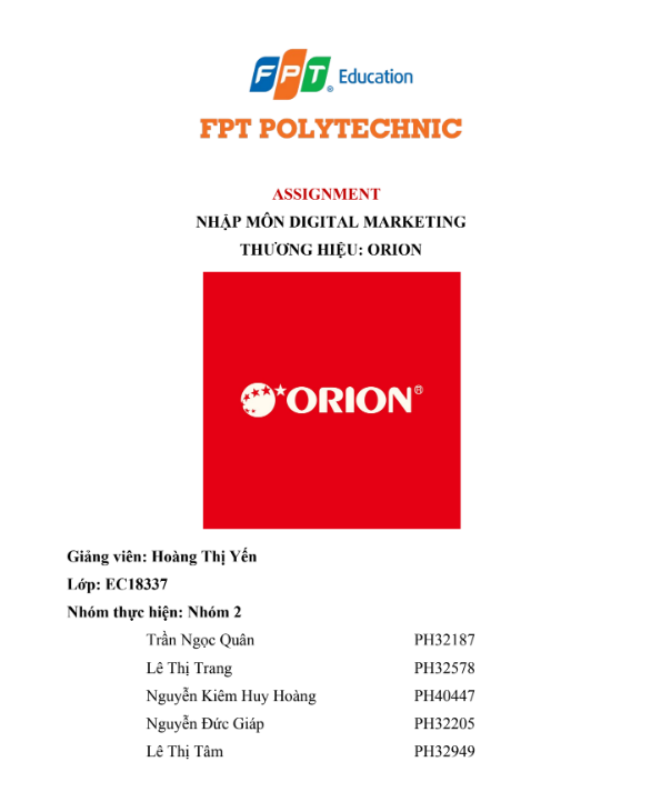 ASSIGNMENT NHẬP MÔN DIGITAL MARKETING THƯƠNG HIỆU ORION - CD FPT