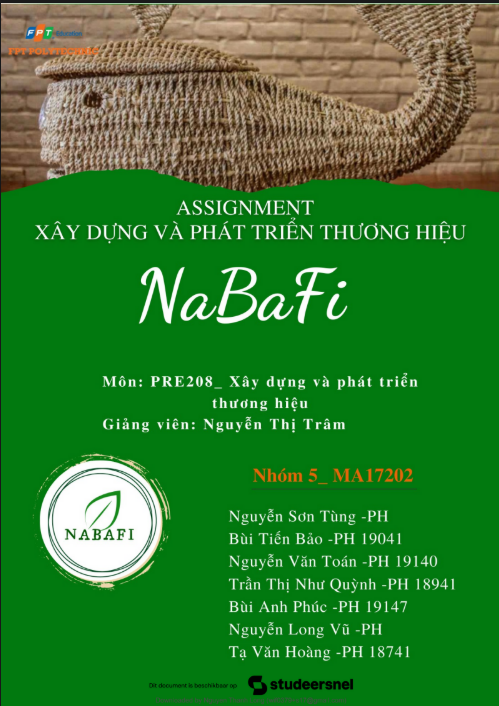 Assignment Xây dựng và Phát triển Thương hiệu NaBaFi - Cao đẳng FPT 5 ASSIGNMENT XÂY DỰNG VÀ PHÁT TRIỂN THƯƠNG HIỆU NaBaFi - Cao đẳng Thực hành FPT