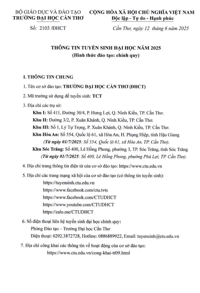 THÔNG TIN TUYỂN SINH ĐẠI HỌC CẦN THƠ NĂM 2025 (CHÍNH QUY) Trang 1