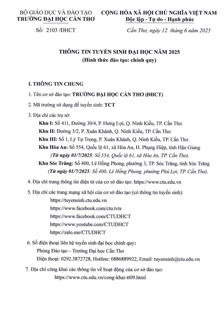 THÔNG TIN TUYỂN SINH ĐẠI HỌC CẦN THƠ 2025 (CHÍNH QUY) trang 1