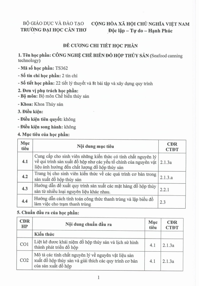 ĐỀ CƯƠNG CHI TIẾT HỌC PHẦN CÔNG NGHỆ CHẾ BIẾN ĐỒ HỘP THỦY SẢN – ĐẠI HỌC CẦN THƠ 5 ĐỀ CƯƠNG CHI TIẾT HỌC PHẦN CÔNG NGHỆ CHẾ BIẾN ĐỒ HỘP THỦY SẢN – ĐẠI HỌC CẦN THƠ trang 1