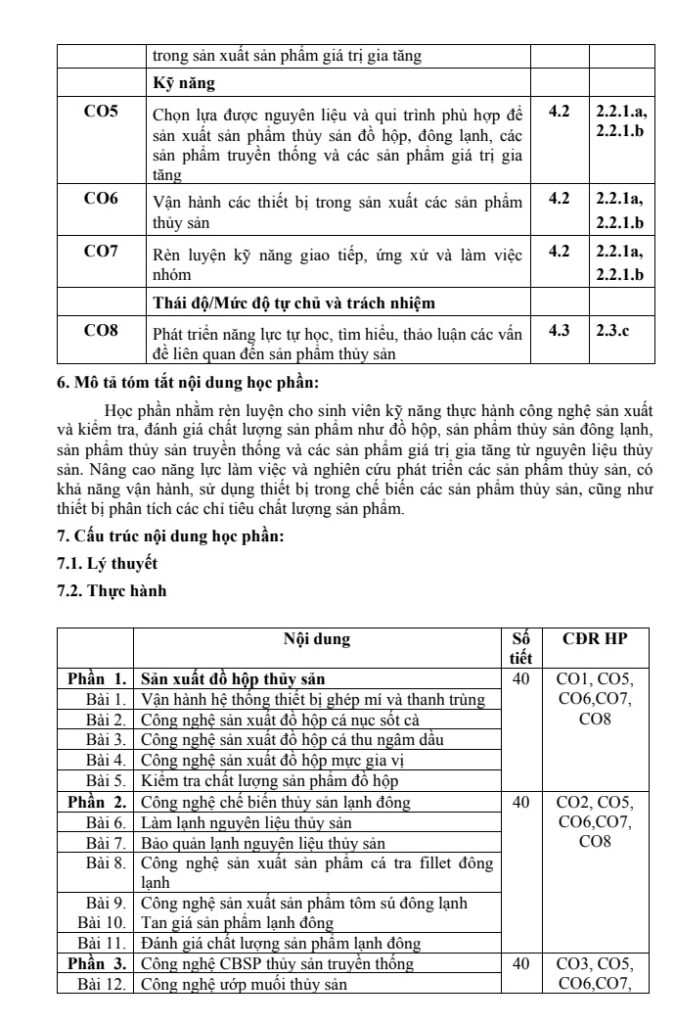 ĐỀ CƯƠNG CHI TIẾT HỌC PHẦN THỰC TẬP GIÁO TRÌNH CÔNG NGHỆ CHẾ BIẾN THỦY SẢN 1 – ĐẠI HỌC CẦN THƠ trang 2
