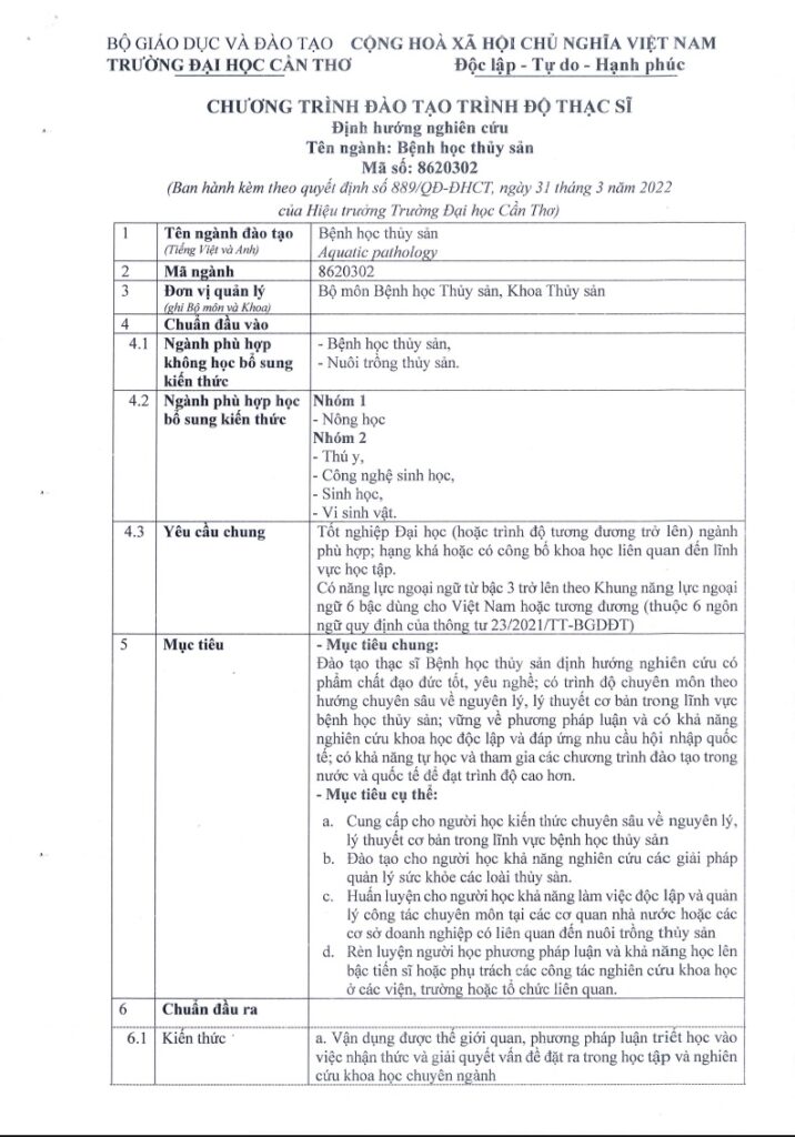 CHƯƠNG TRÌNH ĐÀO TẠO TRÌNH ĐỘ THẠC SĨ NGÀNH BỆNH HỌC THỦY SẢN – ĐẠI HỌC CẦN THƠ 5 CHƯƠNG TRÌNH ĐÀO TẠO TRÌNH ĐỘ THẠC SĨ NGÀNH BỆNH HỌC THỦY SẢN – ĐẠI HỌC CẦN THƠ trang1