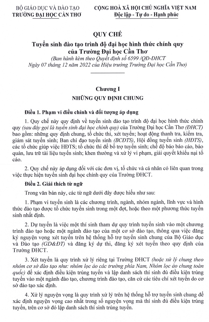 QUYẾT ĐỊNH BAN HÀNH QUY CHẾ TUYỂN SINH ĐÀO TẠO TRÌNH ĐỘ ĐẠI HỌC CHÍNH QUY – TRƯỜNG ĐẠI HỌC CẦN THƠ 6 QUYẾT ĐỊNH BAN HÀNH QUY CHẾ TUYỂN SINH ĐÀO TẠO TRÌNH ĐỘ ĐẠI HỌC CHÍNH QUY – TRƯỜNG ĐẠI HỌC CẦN THƠ trang 2