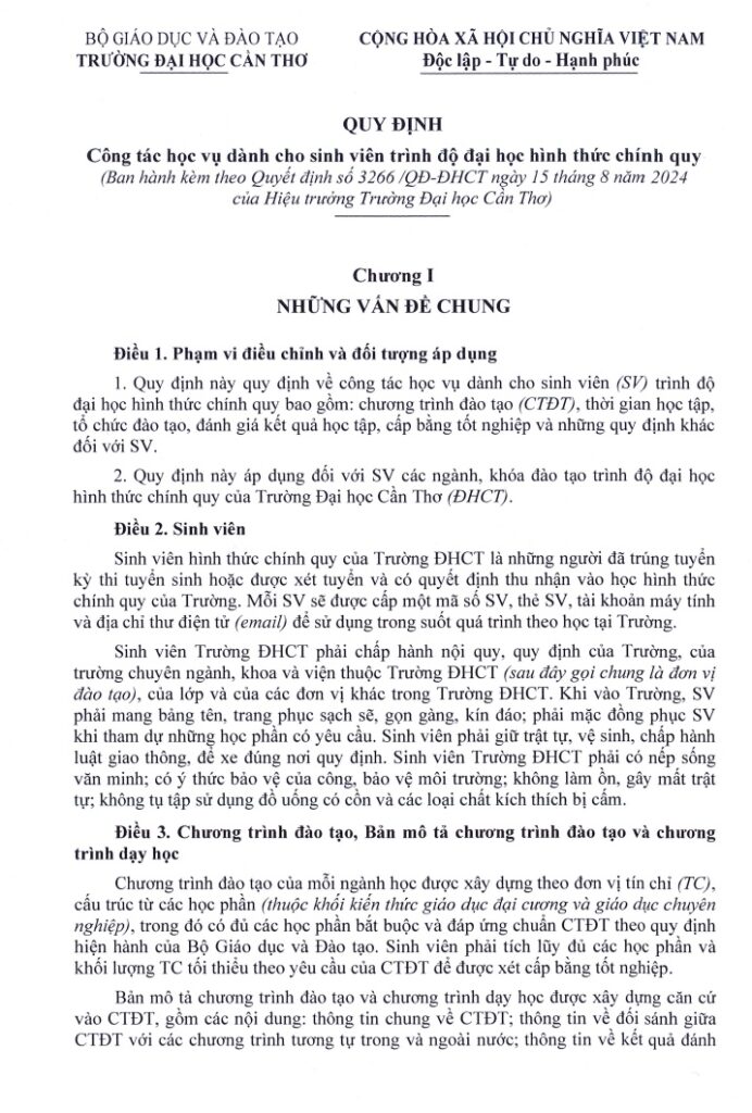 QUYẾT ĐỊNH BAN HÀNH QUY ĐỊNH CÔNG TÁC HỌC VỤ DÀNH CHO SINH VIÊN TRÌNH ĐỘ ĐẠI HỌC CHÍNH QUY – TRƯỜNG ĐẠI HỌC CẦN THƠ trang 3