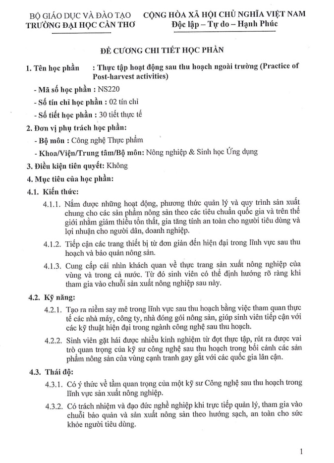 ĐẠI HỌC CẦN THƠ - ĐỀ CƯƠNG CHI TIẾT HỌC PHẦN THỰC TẬP HOẠT ĐỘNG SAU THU HOẠCH NGOÀI TRƯỜNG (NS220) trang 1