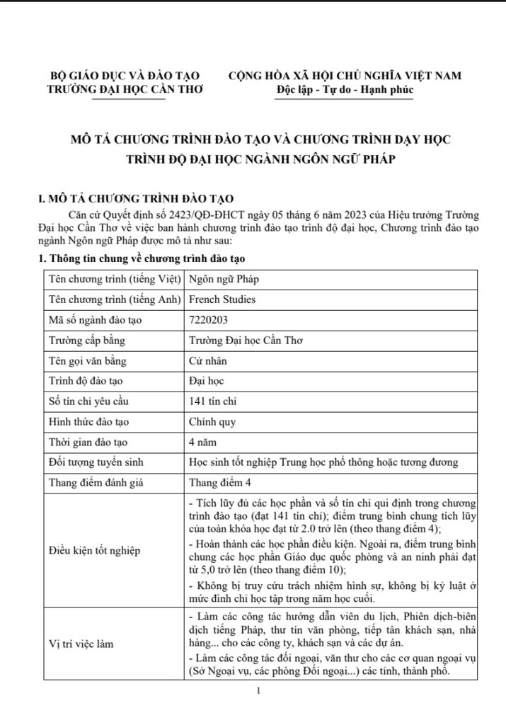 ĐẠI HỌC CẦN THƠ - BẢN MÔ TẢ CHƯƠNG TRÌNH ĐÀO TẠO ĐẠI HỌC NGÀNH NGÔN NGỮ PHÁP trang 2
