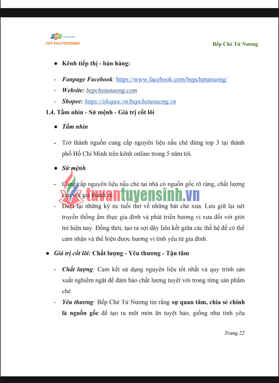 Assignment Digital Marketing - Cao đẳng FPT - HOẠCH ĐỊNH CHIẾN LƯỢC VÀ TRIỂN KHAI DIGITAL MARKETING CHO THƯƠNG HIỆU BẾP CHÈ TỨ NƯƠNG