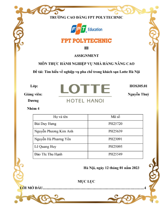 Assignment Nghiệp vụ Nhà hàng Nâng cao - Tìm hiểu về Nghiệp vụ Pha chế tại Khách sạn Lotte Hà Nội - Cao đẳng FPT