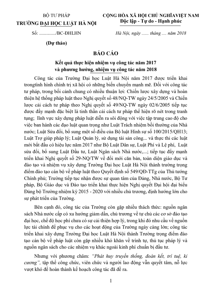 Báo cáo công tác 2017 và phương hướng nhiệm vụ 2018 – Trường Đại học Luật Hà Nội 5 Báo cáo công tác 2017 và phương hướng nhiệm vụ 2018 – Trường Đại học Luật Hà Nội Trang 1