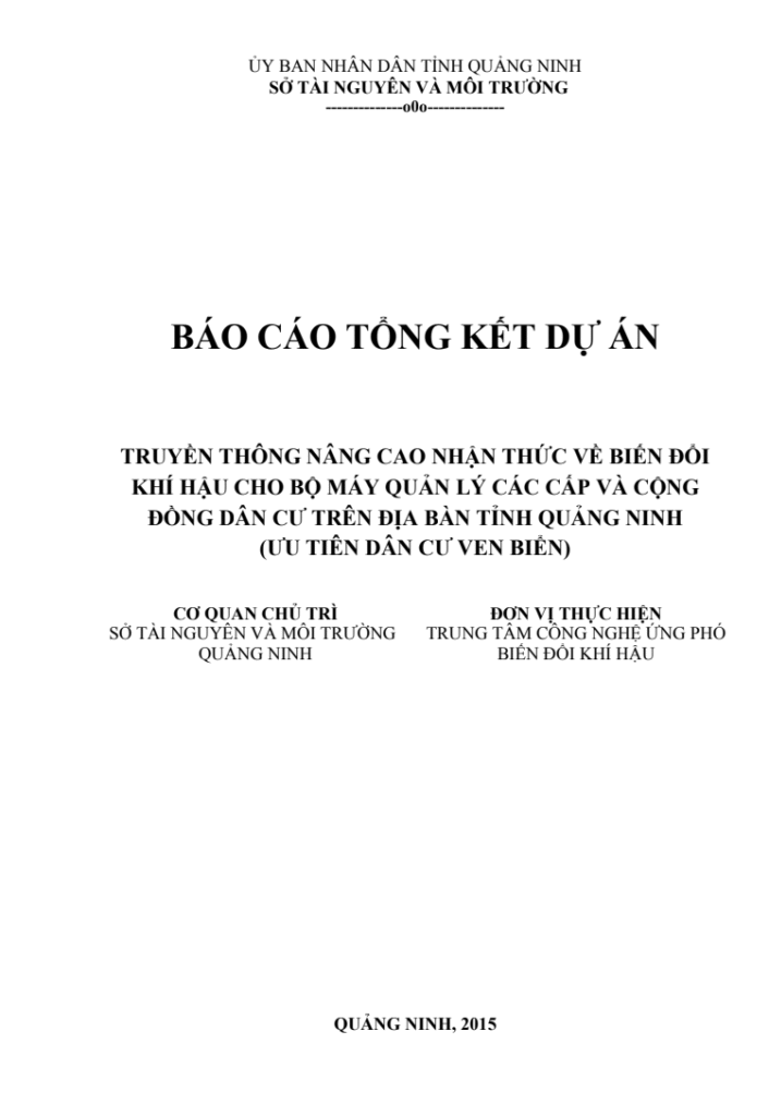 Báo cáo tổng kết dự án truyền thông nâng cao nhận thức về biến đổi khí hậu tại Quảng Ninh (2015) Trang 1