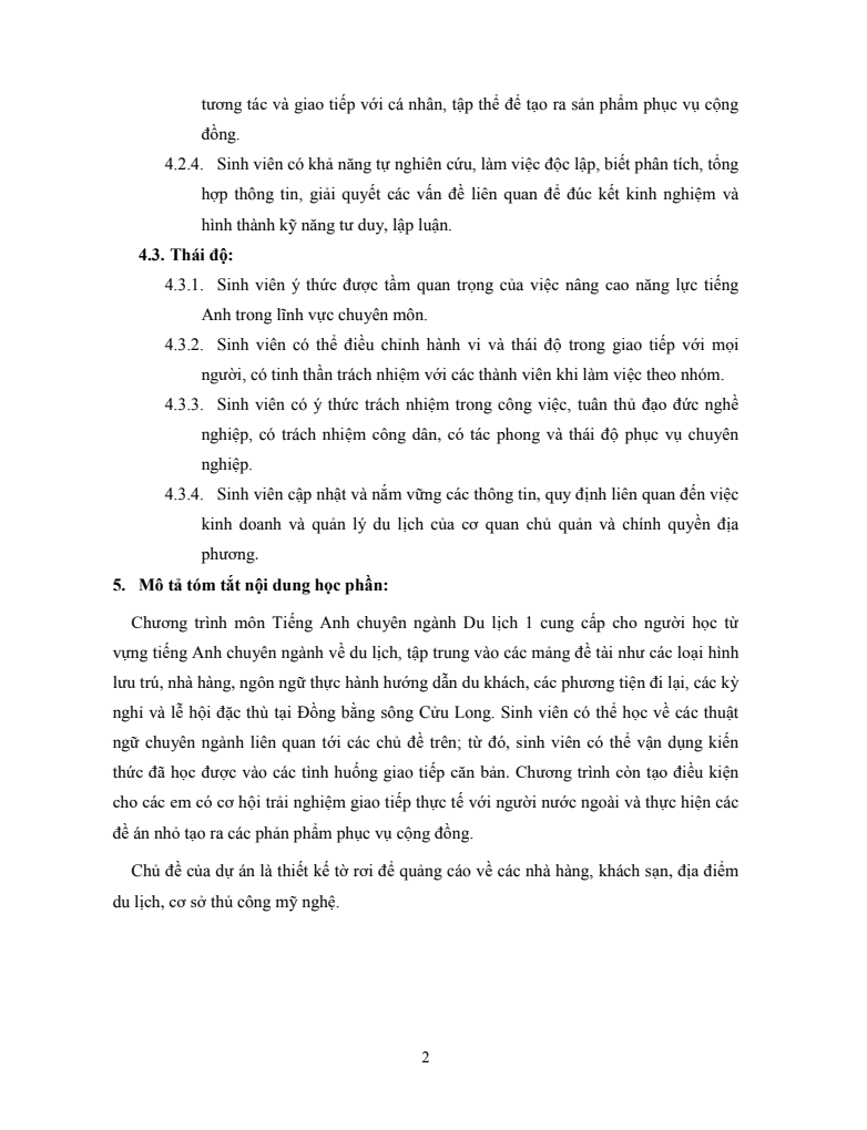 ĐỀ CƯƠNG CHI TIẾT HỌC PHẦN TIẾNG ANH DU LỊCH 1 (ENGLISH FOR TOURISM 1) – ĐẠI HỌC CẦN THƠ trang 2