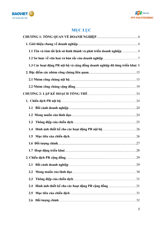 Mục lục (1) ASSIGNMENT PR NỘI BỘ VÀ PR CỘNG ĐỒNG - CĐ FPT - BAOVIET Life BẢO VIỆT NHÂN THỌ