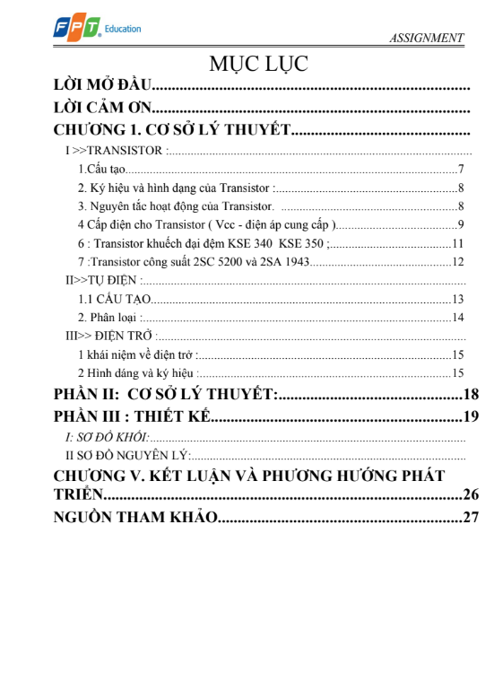 Mục lục ASM Mạch Điện tử và Ứng dụng - CĐ FPT - Thiết kế Mạch Khuếch đại Âm thanh Dùng Transistor Lưỡng Cực