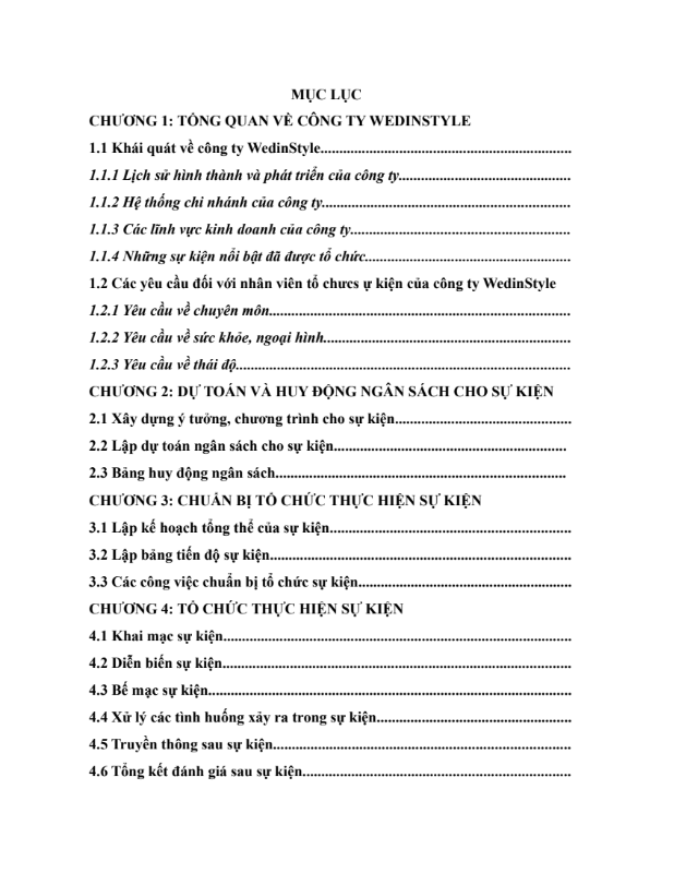 Mục lục ASSIGMENT MÔN QUẢN TRỊ SỰ KIỆN - TÌM HIỂU VỀ CÔNG TY WEDINSTYLE TỔ CHỨC SỰ KIỆN - Cao đẳng FPT