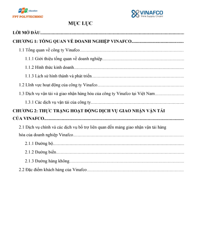 ASSIGNMENT Vận tải giao nhận hàng hóa Vinafco - trường Cao đẳng FPT 6 Mục lục ASSIGNMENT Vận tải giao nhận hàng hóa Vinafco - trường Cao đẳng FPT