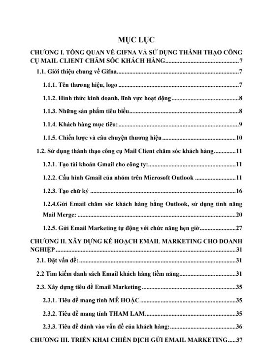 Mục lục Assignment Digital Marketing - Xây dựng chiến lược Email Marketing cho thương hiệu GIFNA - Cao đẳng FPT