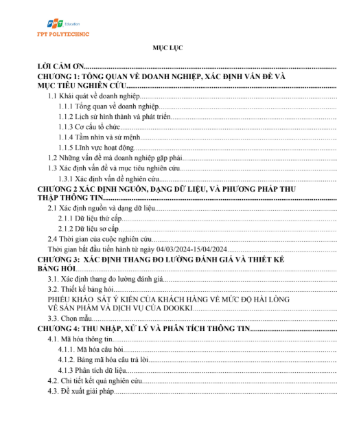 Mục lục Assignment Nghiên cứu Marketing - Thương hiệu Dookki - CD FPT