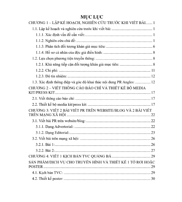 Mục lục tài liệu ASM kỹ năng viết cho PR - Cao đẳng Thực hành FPT