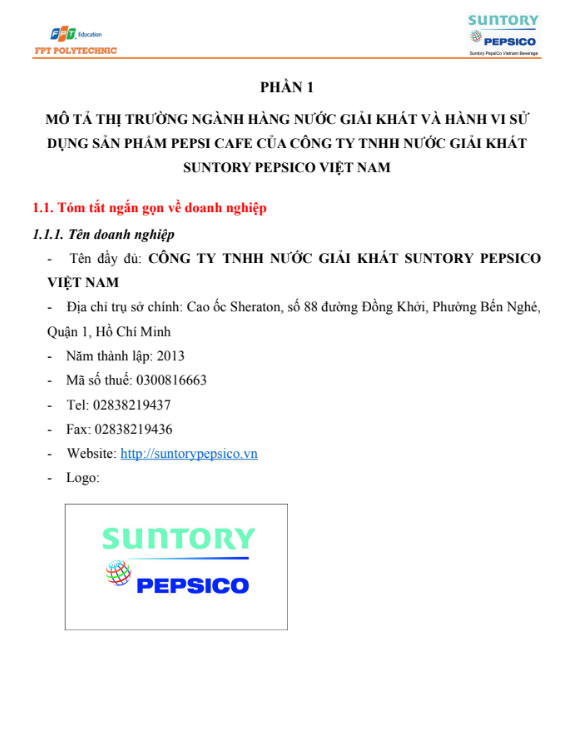 Nội dung (1) ASM Hành vi khách hàng - CĐ FPT - Nghiên cứu hành vi tiêu dùng sản phẩm Pepsi Cafe của Công ty TNHH Nước Giải Khát Suntory PepsiCo Việt Nam