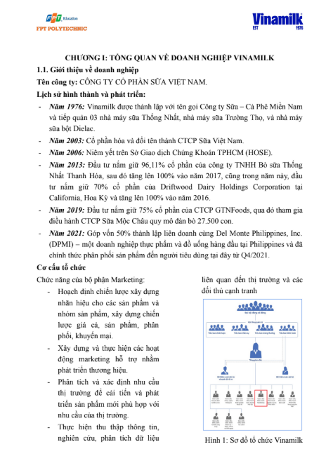 Nội dung (1) ASSIGNMENT Nghiên cứu Marketing - Nghiên cứu Hoạt động Marketing Hỗn hợp 4Ps của Sản phẩm Sữa Tươi Vinamilk - CĐ FPT