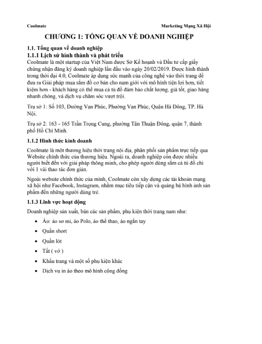 ASSIGNMENT Marketing Mạng Xã Hội COOL MATE everyday excitement - Cao đẳng FPT 6 Nội dung ASSIGNMENT Marketing Mạng Xã Hội COOL MATE everyday excitement - Cao đẳng FPT