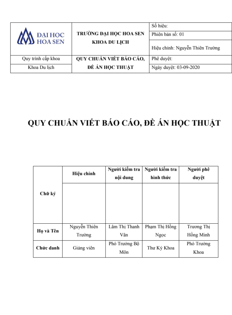 Quy chuẩn viết báo cáo, đề án học thuật – Trường Đại học Hoa Sen, Khoa Du lịch 5 Quy chuẩn viết báo cáo, đề án học thuật Trang 1