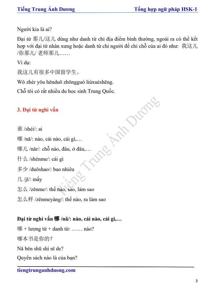 TÀI LIỆU TỔNG HỢP NGỮ PHÁP HSK1 TIẾNG TRUNG ÁNH DƯƠNG PDF trang 3