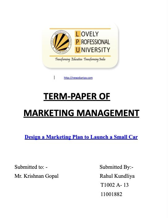 Marketing Management Term Paper PDF – Marketing Plan to Launch a Small Car