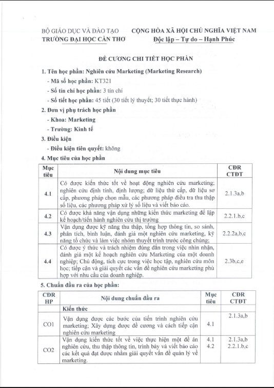 Tải ngay PDF “Đề cương chi tiết học phần Nghiên cứu Marketing – Trường Đại học Cần Thơ”