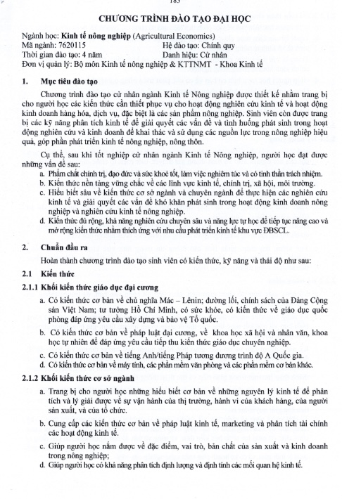 Chương trình đào tạo ngành Kinh tế Nông nghiệp – Trường Đại học Cần Thơ (PDF)