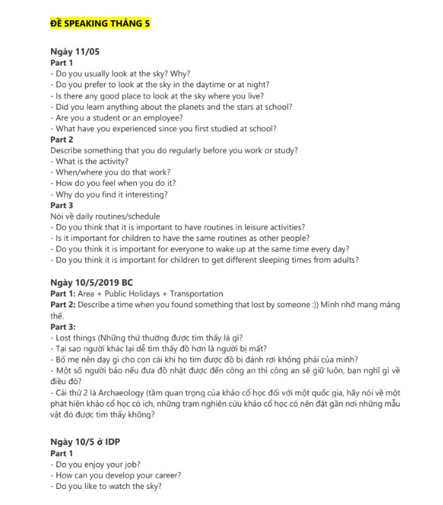 Đề Speaking Tiếng Anh Thông Dụng PDF tải FREE tháng 5