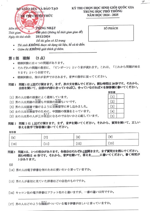 Đề thi tiếng Nhật kỳ thi THPTQG [có đáp án] PDF tải FREE