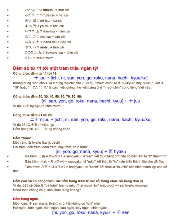 Số đếm trong tiếng Nhật cho người Việt PDF tải FREE