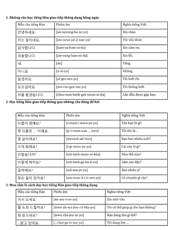 1000+ Câu giao tiếp tiếng Hàn cơ bản cho người Việt PDF FREE
