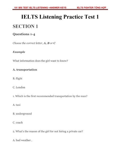 101 bài test IELST listening Có Đáp Án PDF tải FREE của - Tài liệu nội bộ IELTS FIGHTER