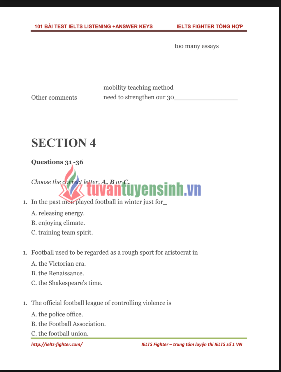 101 bài test IELST listening Có Đáp Án PDF tải FREE của - Tài liệu nội bộ IELTS FIGHTER