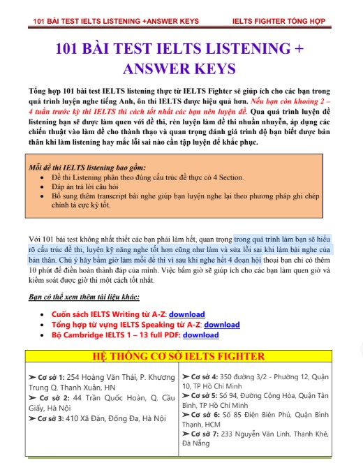 101 bài test IELTS listening + answer keys PDF tải MIỄN PHÍ