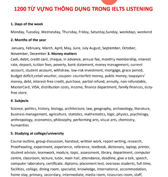 1200+ từ vựng thông dụng trong IELTS Listening PDF tải FREE