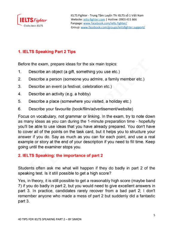 40 Tips Luyện IELTS speaking part 2 PDF FREE - Nội bộ IELTS FIGHTER