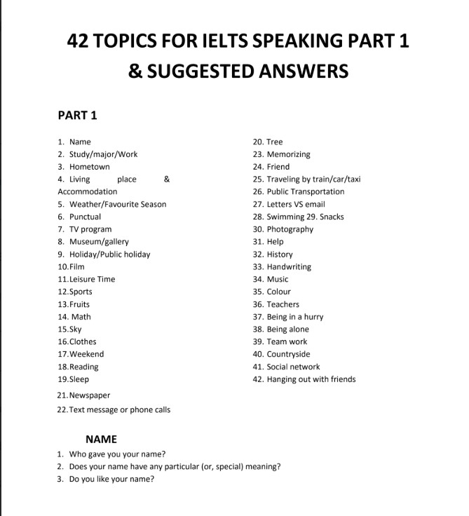 42 Topics luyện IELTS speaking Part 1 có đáp án PDF tải FREE