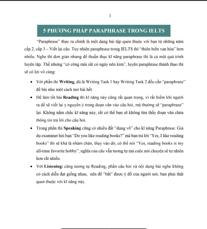 Full 5 Phương pháp Paraphrase trong IELTS PDF tải FREE