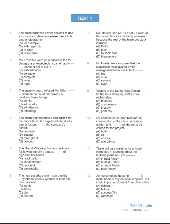 Full 500 câu Part 5 TOEIC hay PDF tải FREE cho người mới 5 Full 500 câu Part 5 TOEIC hay PDF tải FREE cho người mới